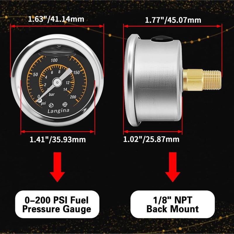 Langina 200psi Fuel Pressure Gauge Kit,0-200psi Fuel Pressure Gauge,3/8" to 5/16" Dual Size Barb Hose Fittings(304SS),1/8" NPT Inline Oil Pressure Gauge with 3/8" 5/16" Barb - Image 2